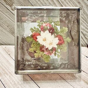 Vintage Pressed Flower Glass Trinket Box Iridescent Mirrored Jewelry Case 5.5in